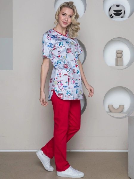 фото костюм женский хирургический модерн-001 (тк.спандекс,175) medline, принт/красный